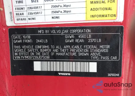 2009 Volvo C70 T5 z USA, uszkodzony, nr VIN YV1MC67239J075098